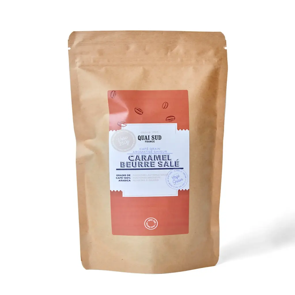 [1KGCABS250V] Grains de café aromatisés en sachet 250 g - Quai Sud (Caramel beurre salé)
