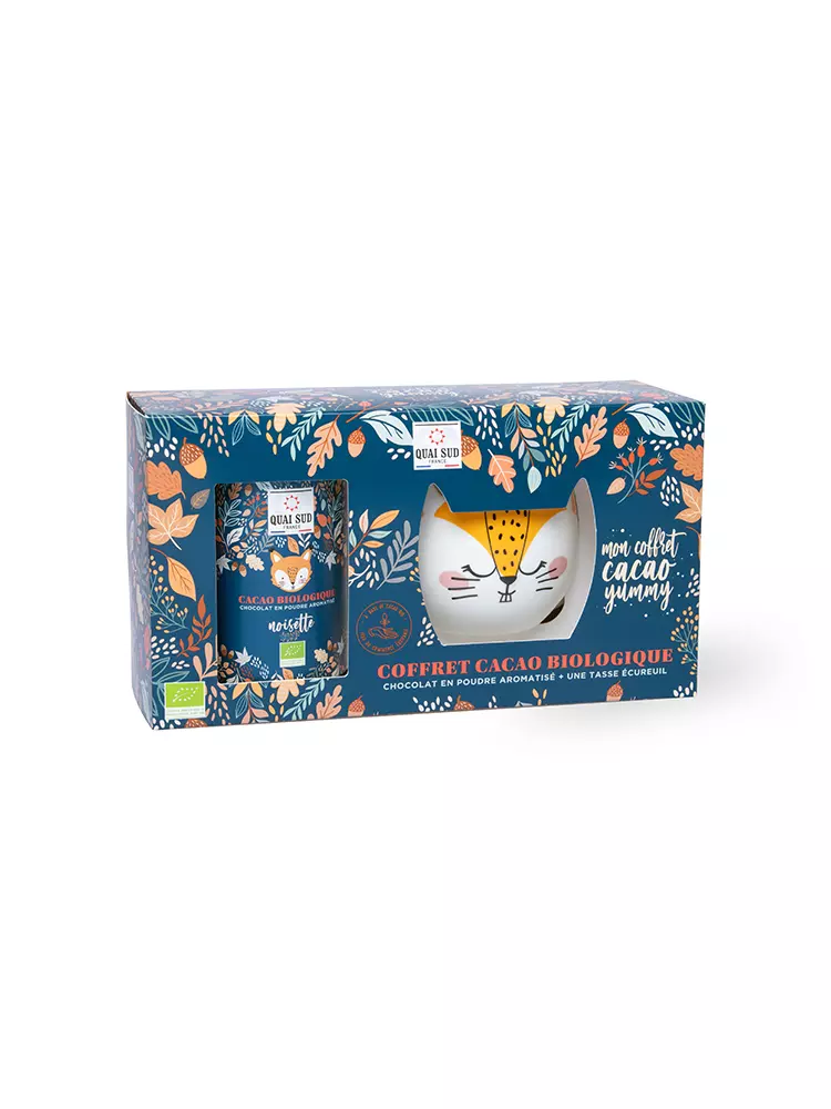 [5CBECUR2CF] Coffret Cacao Bio « Yummy » Aromatisé Noisette Et Tasse Écureuil - Quai Sud