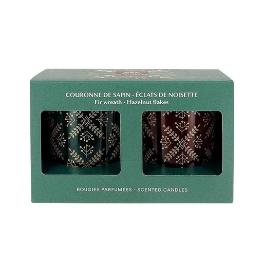 Coffret de deux bougies - couronne de sapin et éclats de noisettes