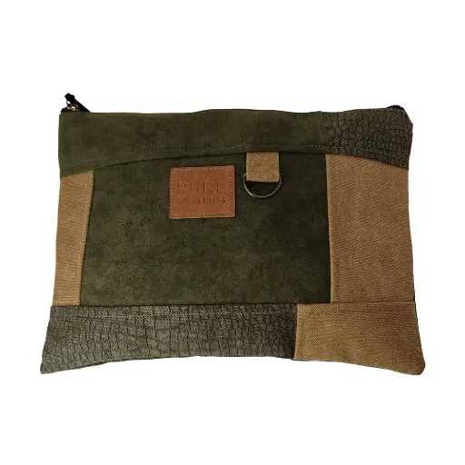 [LUM030] Pochette Zippe toile bicolore Kaki et Marron - Country Casa